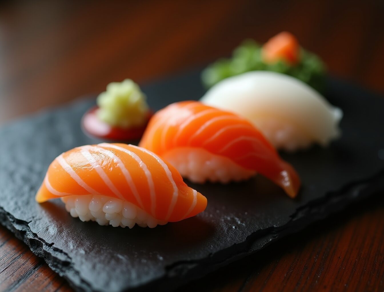 Elegant nigiri sushi arranged on a dark slate board, Japanese fine dining