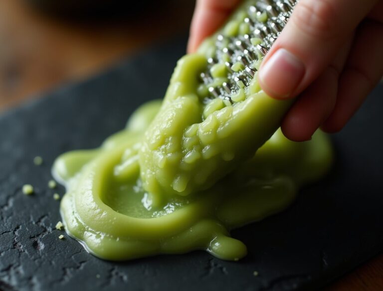 Fresh wasabi rhizome being grated on a sharkskin grater with green paste accumulating