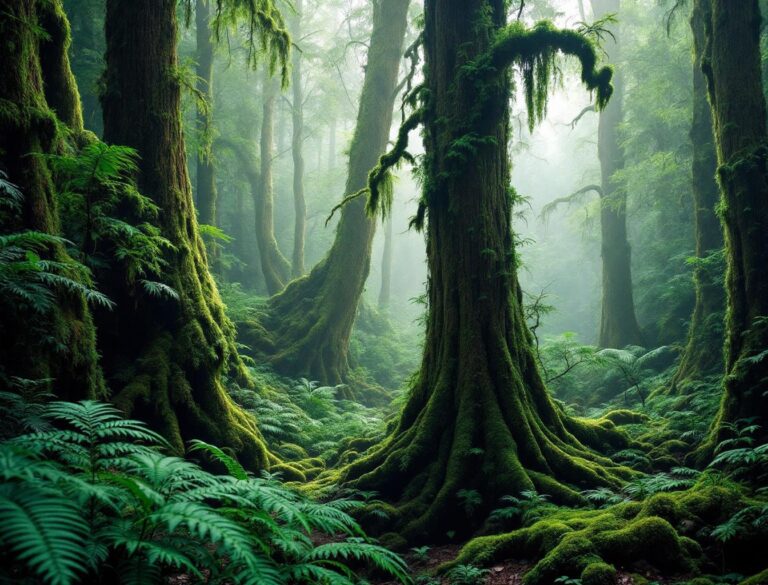 Ancient cedar forest on Yakushima island, Japan — moss-covered cryptomeria trees in misty light