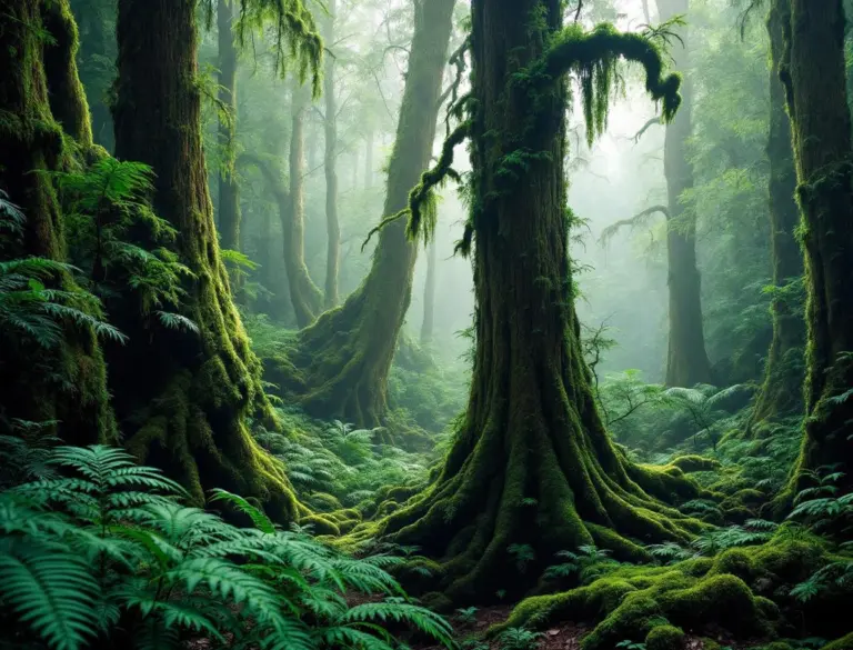 Ancient cedar forest on Yakushima island, Japan — moss-covered cryptomeria trees in misty light