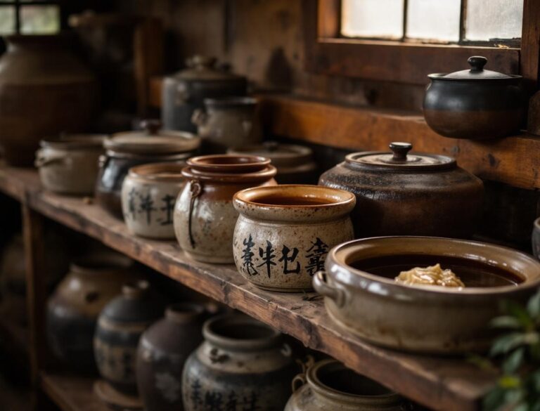 Traditional Japanese ceramic fermentation crocks for miso, soy sauce, and sake production