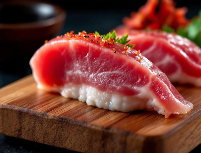 Otoro tuna nigiri sushi on wooden board showing the marbled fatty bluefin tuna belly
