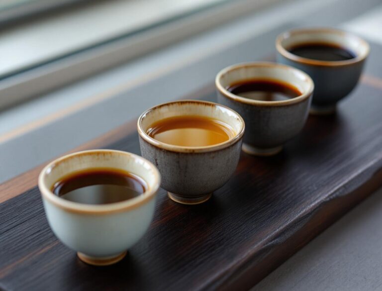 Four Japanese ceramic cups showing different soy sauce colors from pale amber to dark tamari on a wooden board