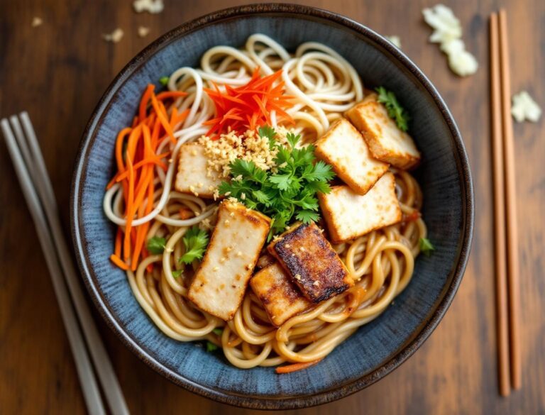 Yakiudon with tofu in a ceramic bowl with shredded carrots and golden-seared tofu strips