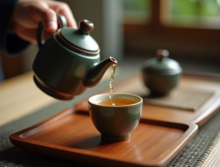 Japanese kyusu teapot pouring bancha green tea into a small ceramic cup on a wooden tray
