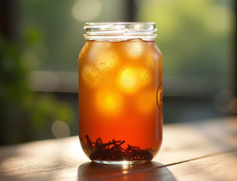Cold brew hojicha in a tall glass jar with amber tea and ice, refreshing summer photograph