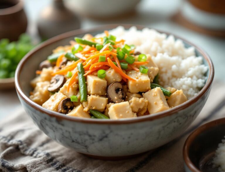 Iridoufu Japanese scrambled tofu with green beans, carrots, shiitake mushrooms and green onions, served with rice