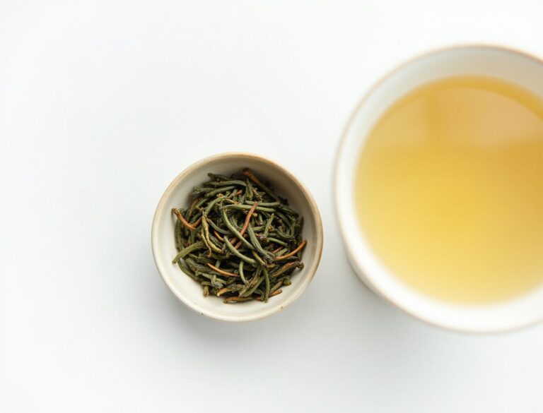 Japanese kukicha twig tea in a ceramic bowl with stems and stalks visible, and a cup of pale golden brewed tea