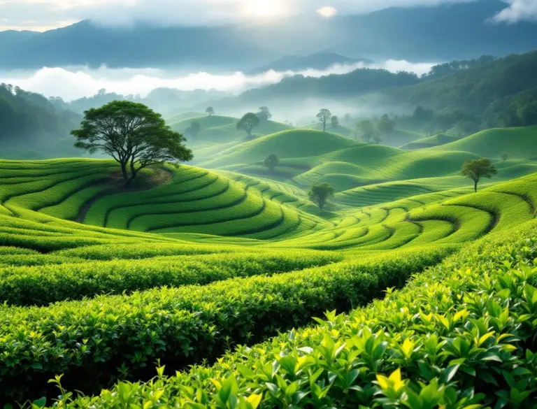 Lush green tea fields in Oita Prefecture, Japan, with rolling hills and misty mountains in the background.