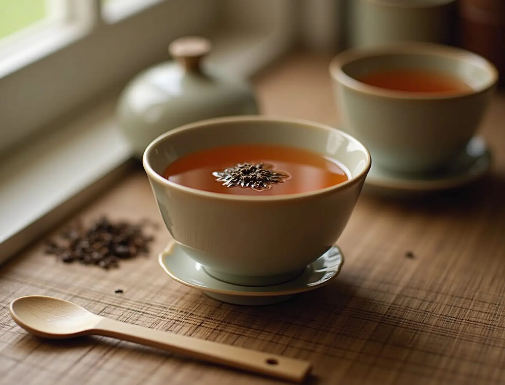 A warm amber cup of hojicha roasted green tea in a Japanese ceramic cup with wooden spoon