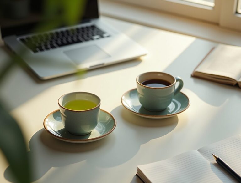 Japanese green tea cup beside a coffee cup representing focus comparison between tea and coffee