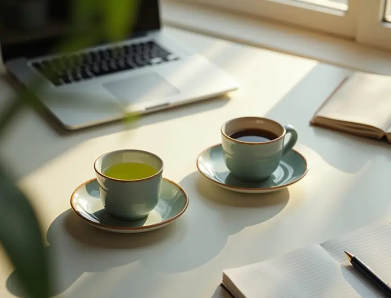 Japanese green tea cup beside a coffee cup representing focus comparison between tea and coffee
