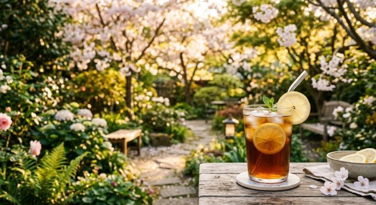 Hojicha Iced Tea in a glass with lemon and ice