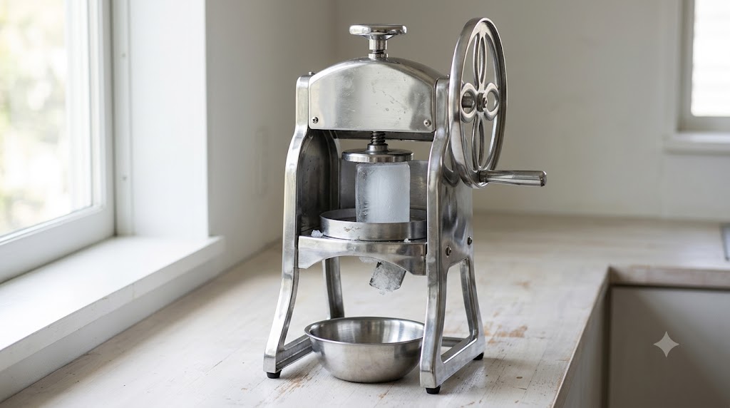 Stainless steel hand-crank kakigori shaved ice machine with an ice block and catch bowl