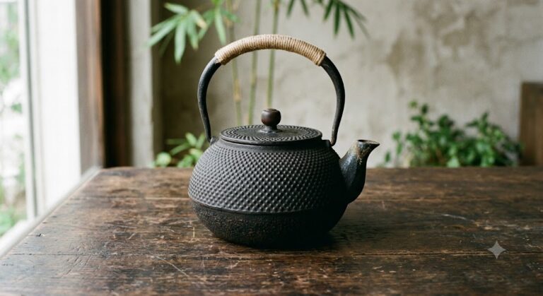 Cast iron nambu tetsubin kettle with arare hobnail texture and rattan-wrapped handle
