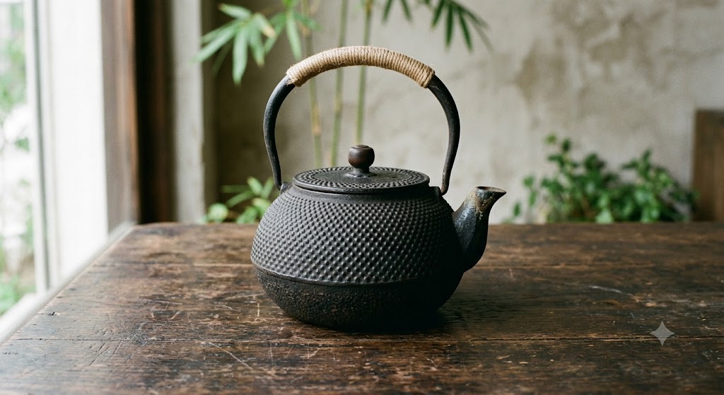 Cast iron nambu tetsubin kettle with arare hobnail texture and rattan-wrapped handle