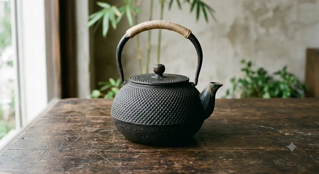Cast iron nambu tetsubin kettle with arare hobnail texture and rattan-wrapped handle