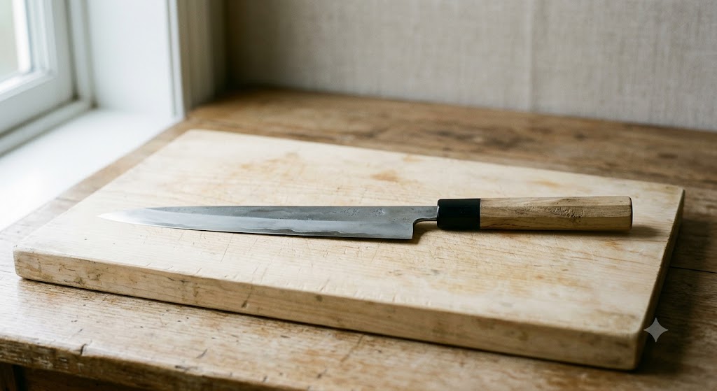 Long slender Japanese yanagiba knife with an octagonal wooden handle on a wooden cutting board