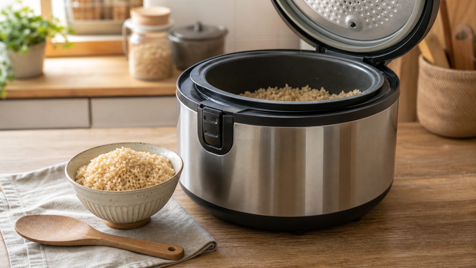 Rice cooker with cooked brown rice and a serving spoon