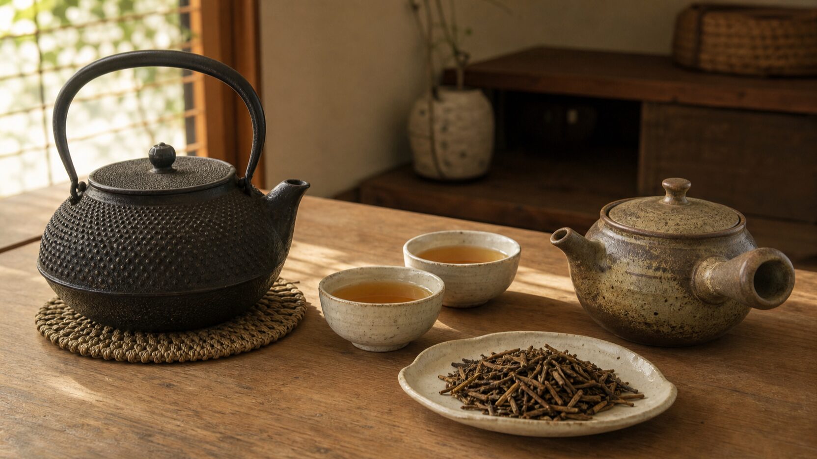 Cast-iron tetsubin with hojicha leaves and cups of tea