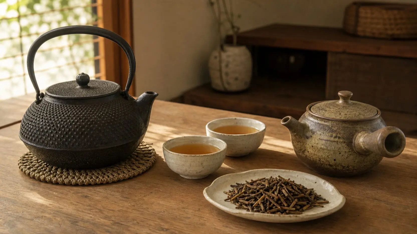 Cast-iron tetsubin with hojicha leaves and cups of tea