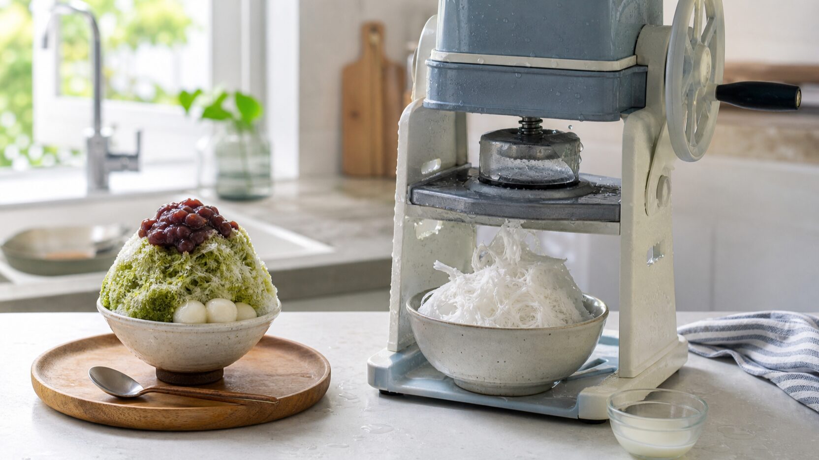 Kakigori machine shaving ice into a bowl beside a finished dessert