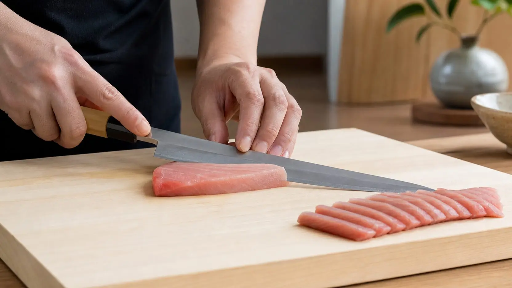 Long slicing knife cutting a boneless fish portion on a clean board