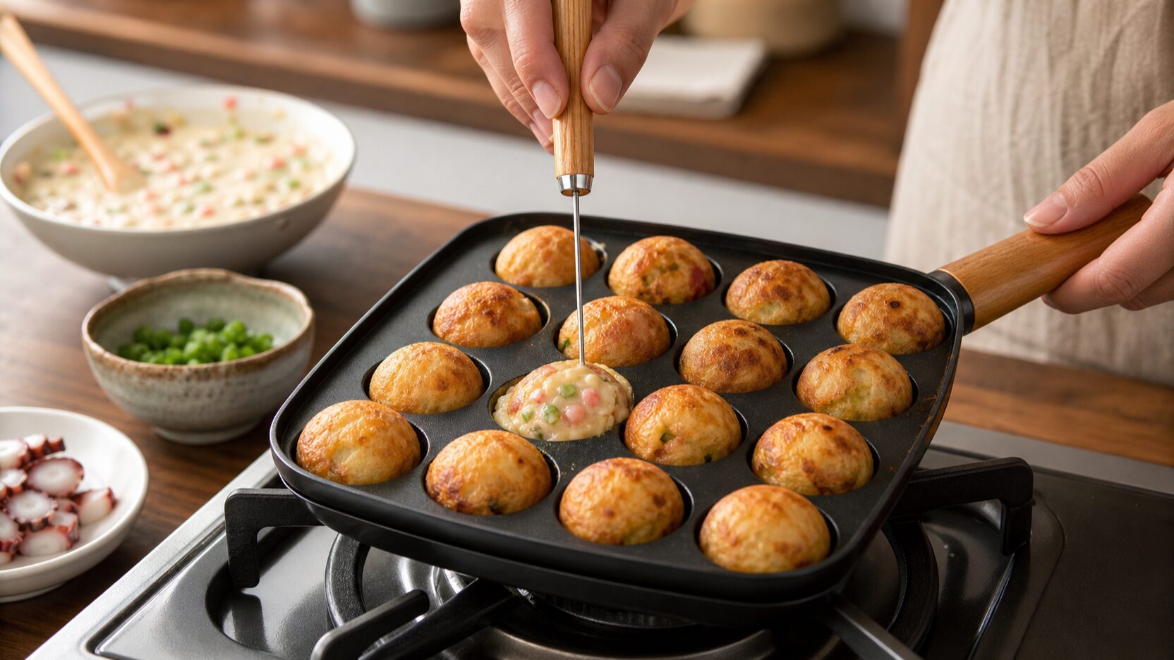 Takoyaki pan with a pick turning partially set takoyaki
